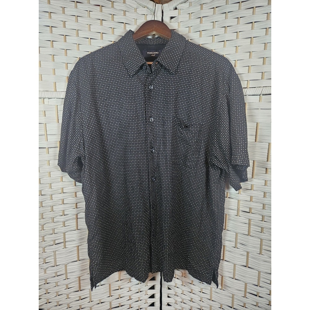 Toscano Shirt Mens XL Black Polka Dot 8 Way Stretch Short Sleeve Button Up